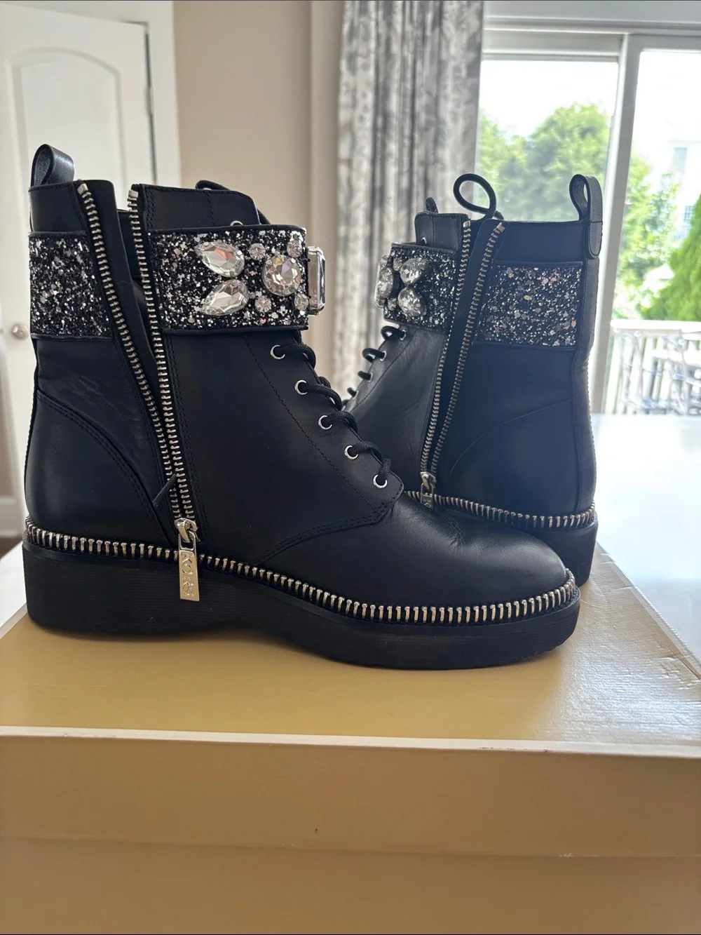 Michael Kors Black Lace-Up Leather HASKELL Boots with Jeweled Glitter Cuff